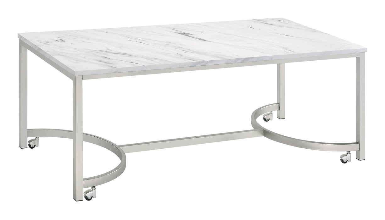 Leona Coffee Table with Casters White and Satin Nickel image